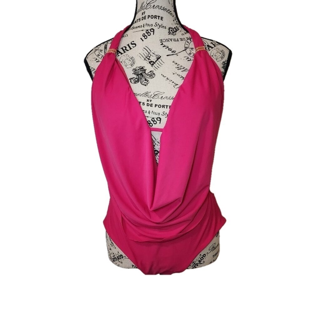 Bar‎ III Hot Pink Plunging Halter Cutout One Piece Swimsuit Size L